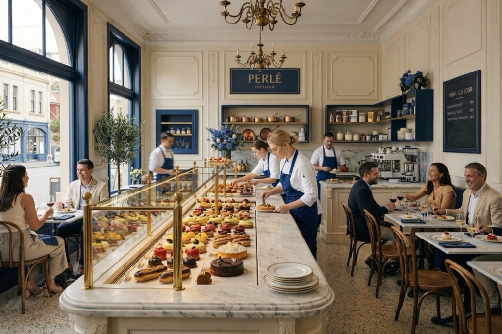 The full-colour PERLÉ studio counter prepared for service
