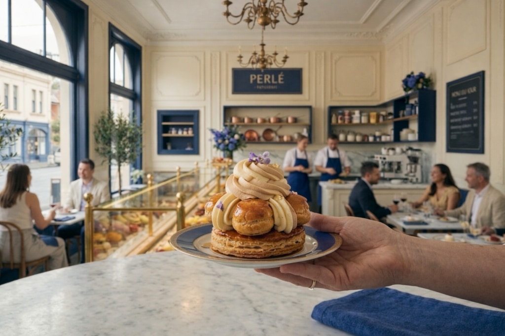 The warm PERLÉ pâtisserie interior with a finished pastry presented across the counter